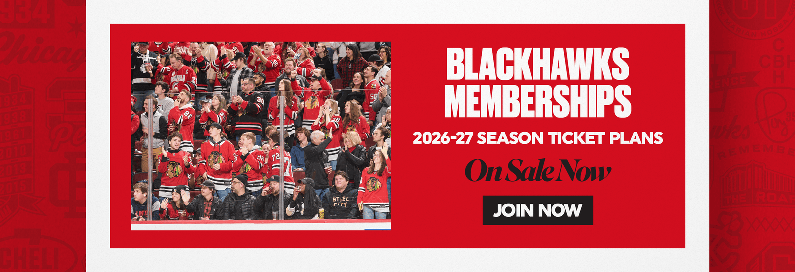 Fans in jerseys cheering; Blackhawks 2026-27 season tickets on sale now.