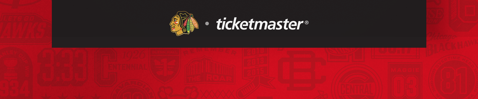 Black banner with logo and 'ticketmaster' over red sports-themed background.