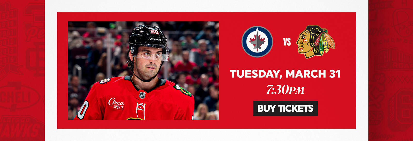 Hockey player, team logos, game date and time, ticket purchase button.