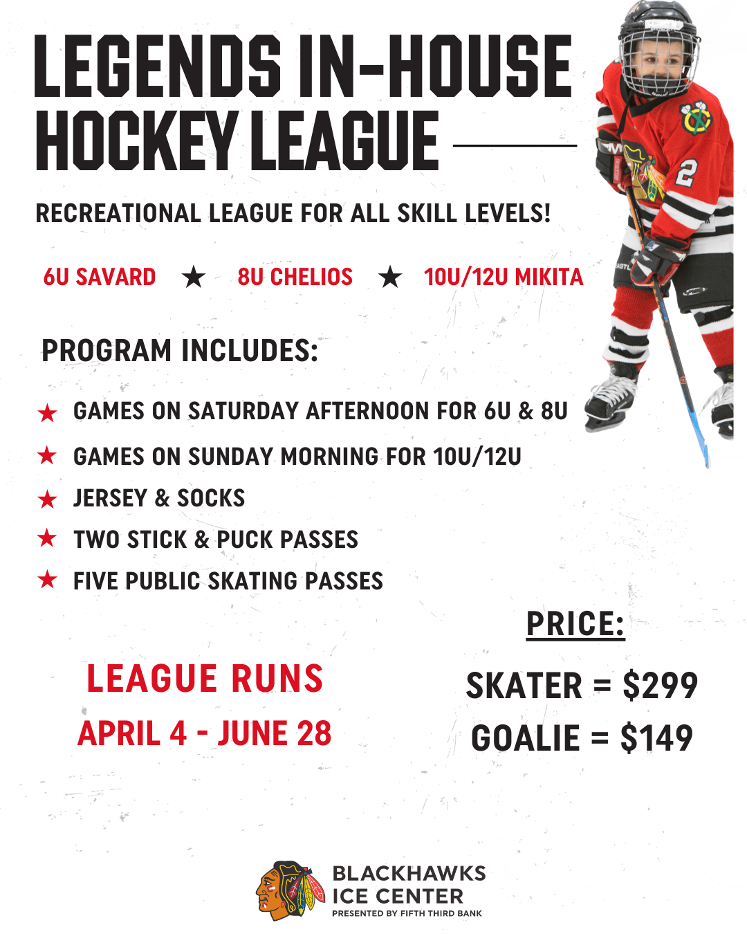 Flyer for Legends In-House Hockey League with details on divisions, schedule, and pricing.