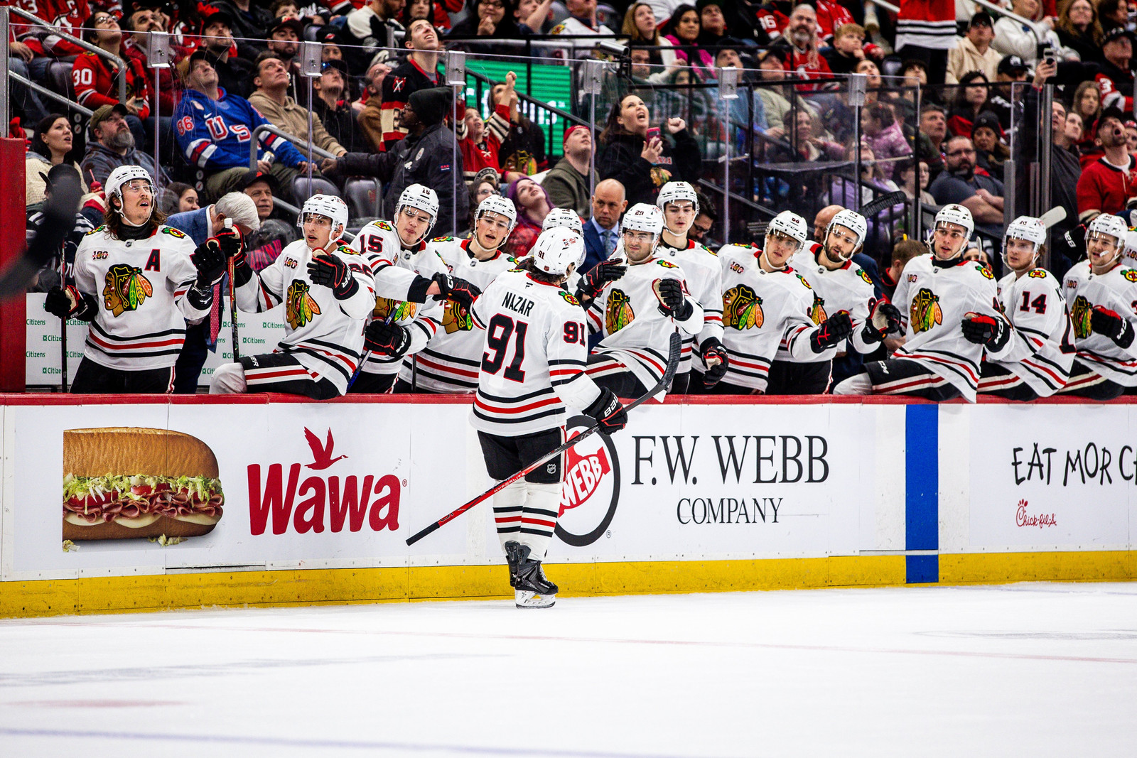 Hockey player in white jersey celebrates with teammates on bench.