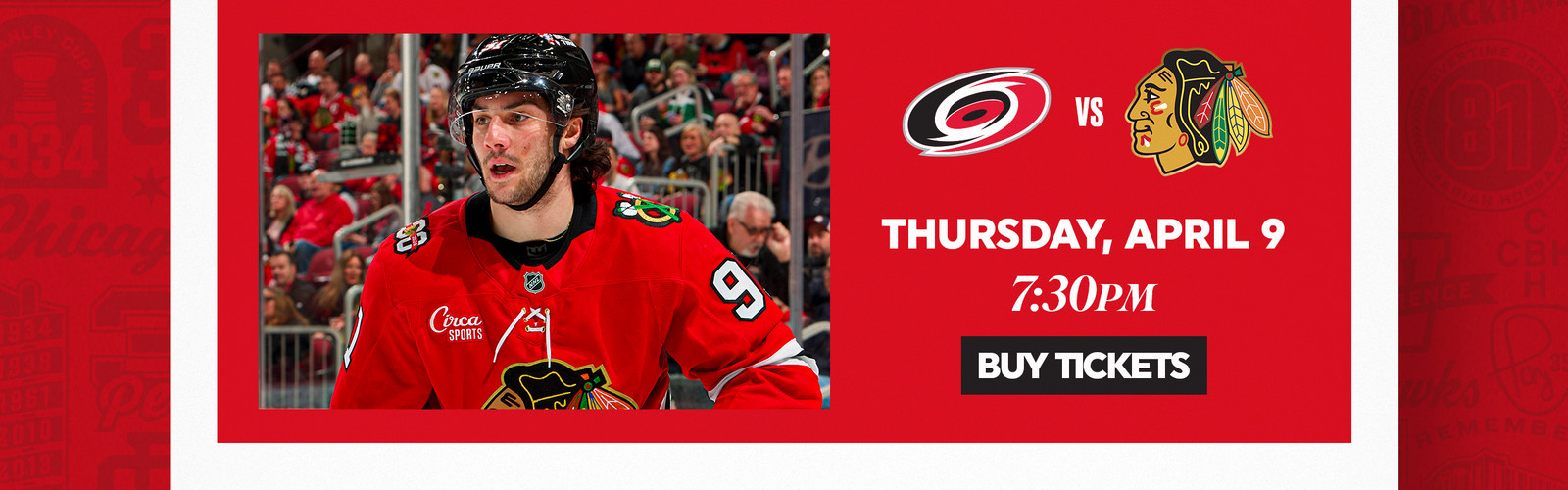 Hockey player in red jersey; game promo for April 9, 7:30 PM. 'Buy Tickets' button included.