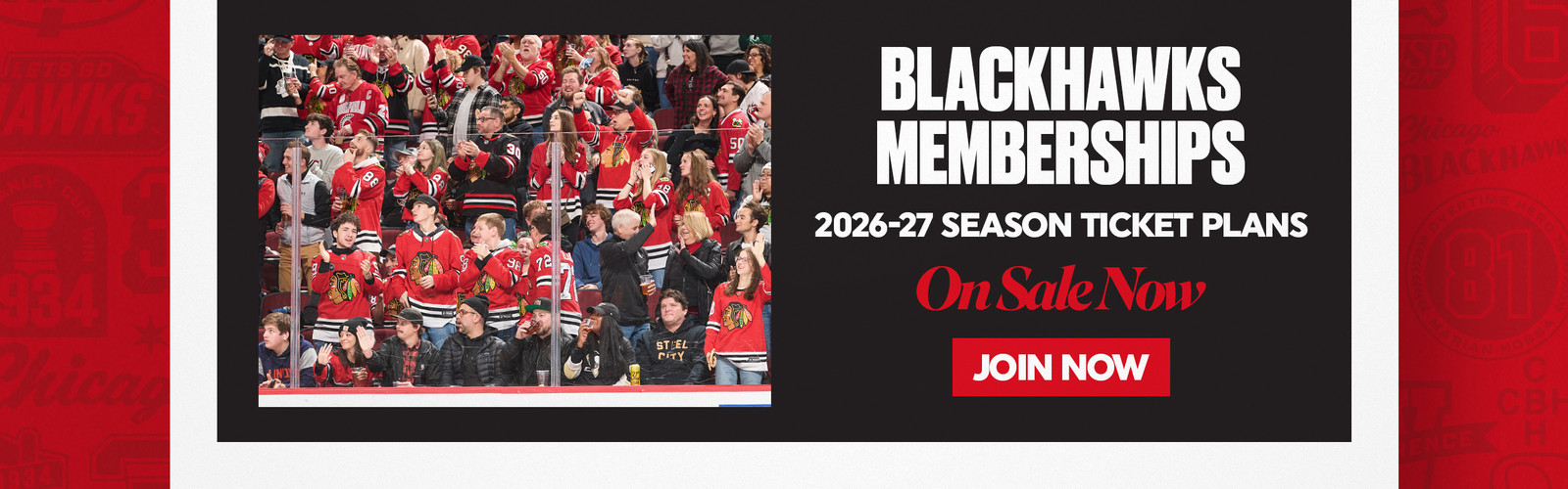 Fans in jerseys cheering; Blackhawks memberships on sale for 2026-27 season.