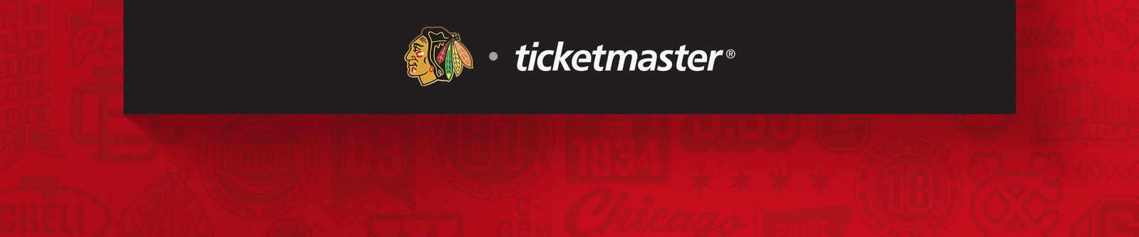 Black banner with Native American logo and 'ticketmaster' text over red sports-themed background.