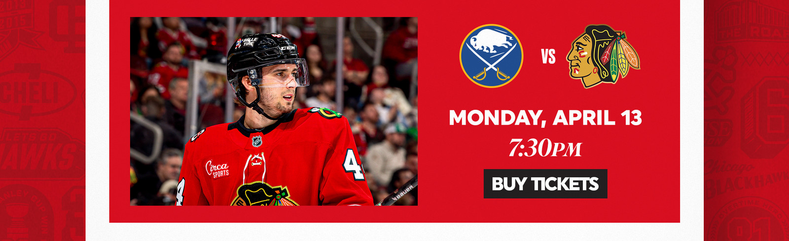 Hockey game on April 13 at 7:30 PM. Buy tickets button included.