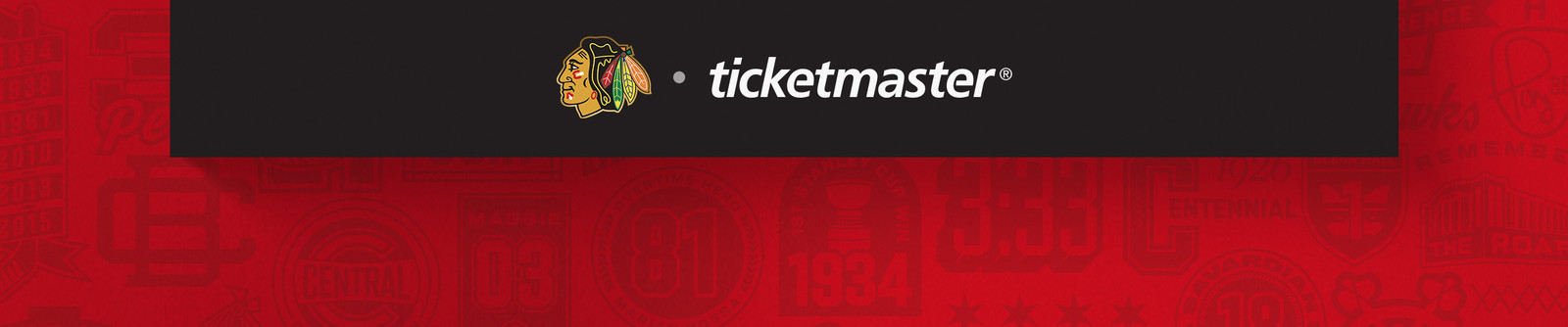 Black banner with a logo and 'ticketmaster' text on a red sports-themed background.