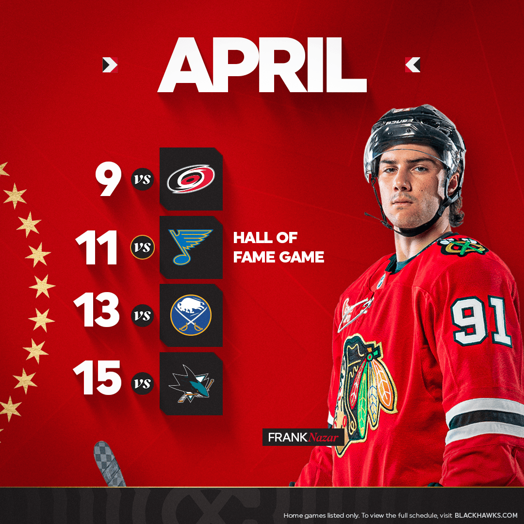 Hockey schedule for April with player in red jersey, featuring four games and Hall of Fame Game.