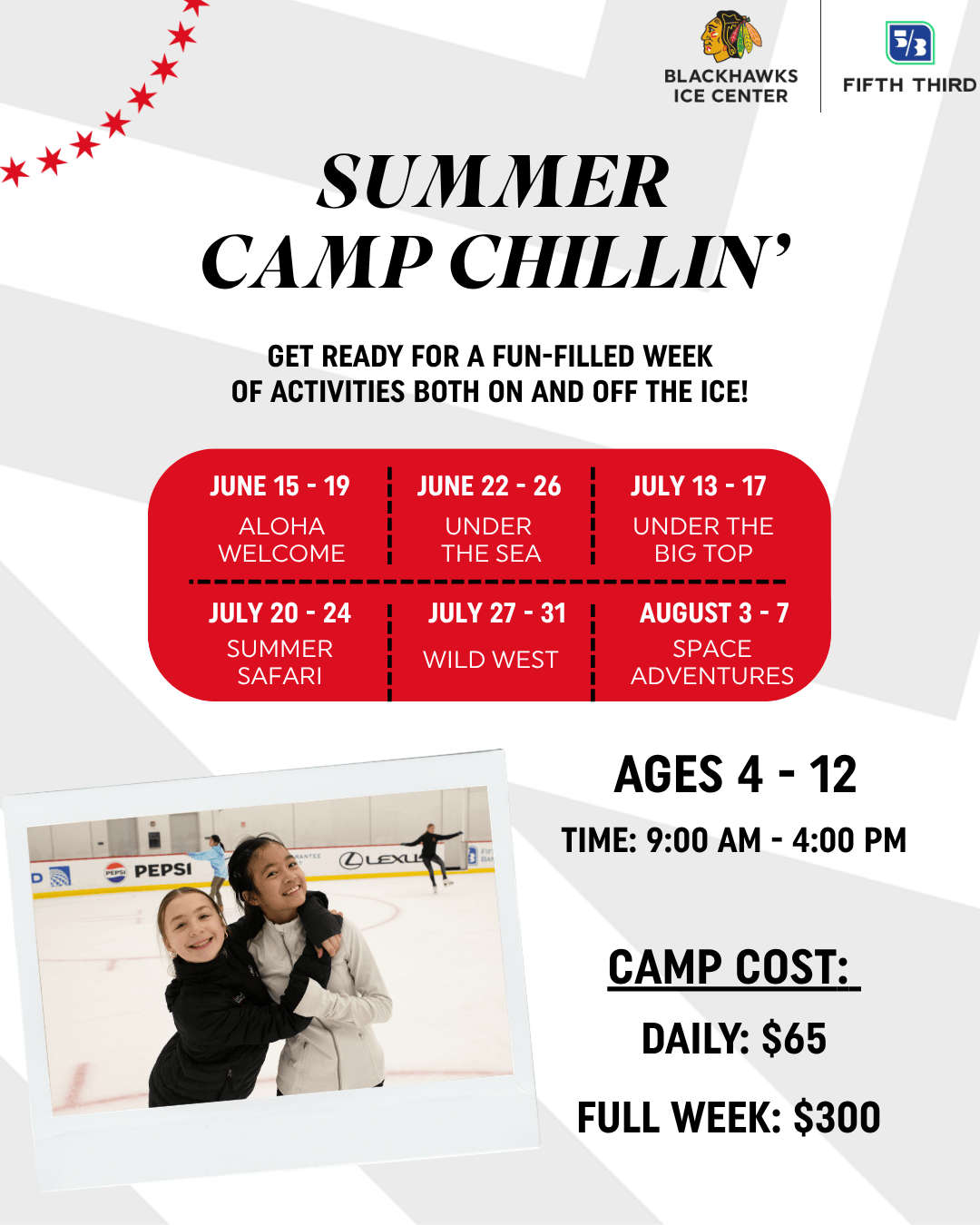 Summer camp flyer with themed weeks, ages 4-12, $65/day or $300/week.