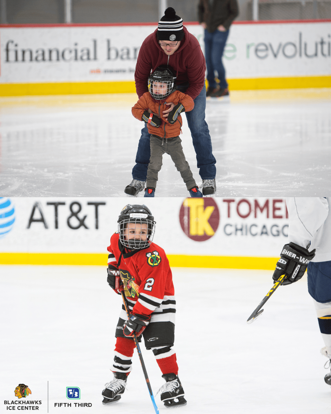 Child learning to skate and playing hockey on ice.