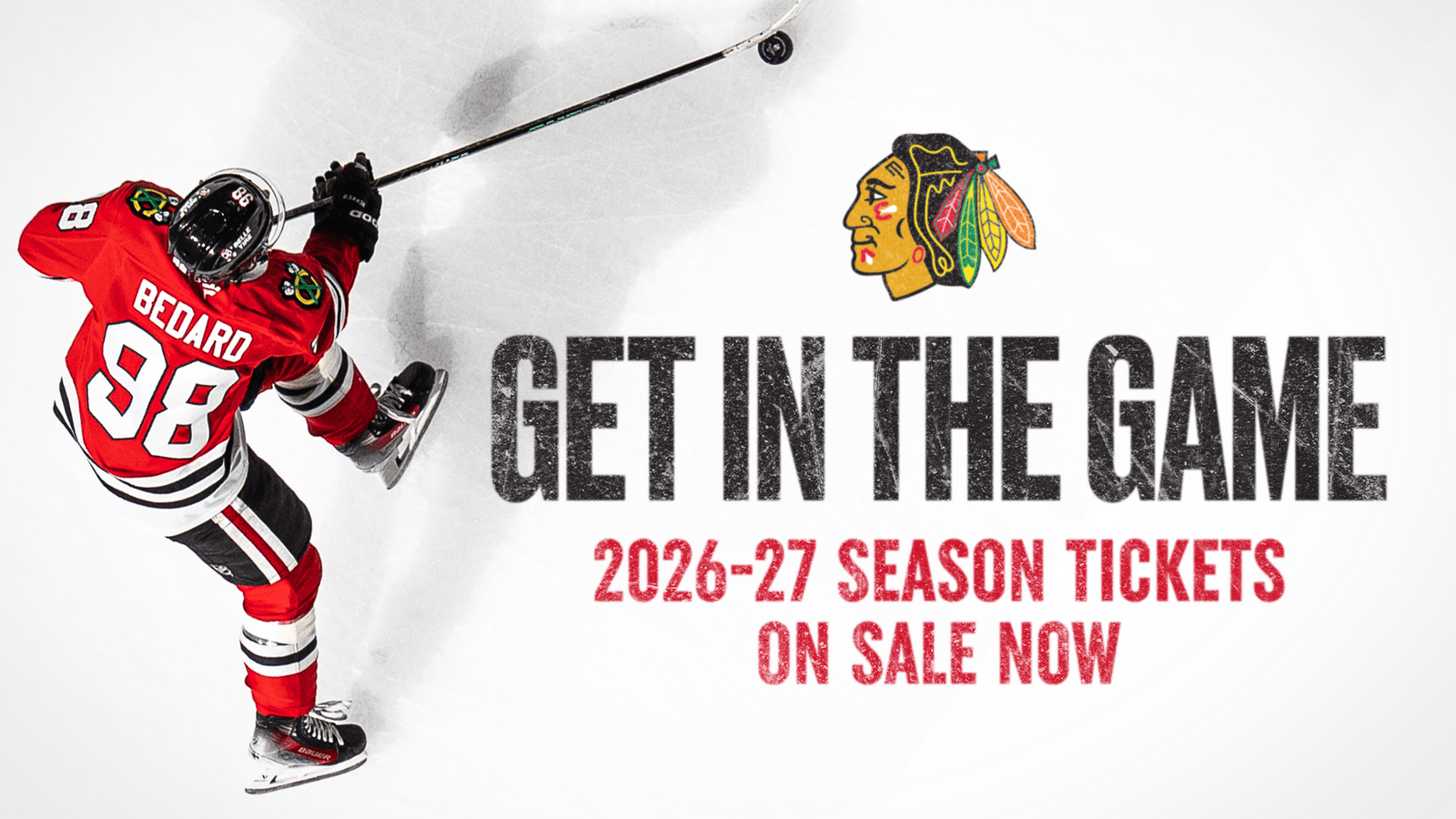 Hockey player with number 98, text promoting 2026-27 season tickets on sale.