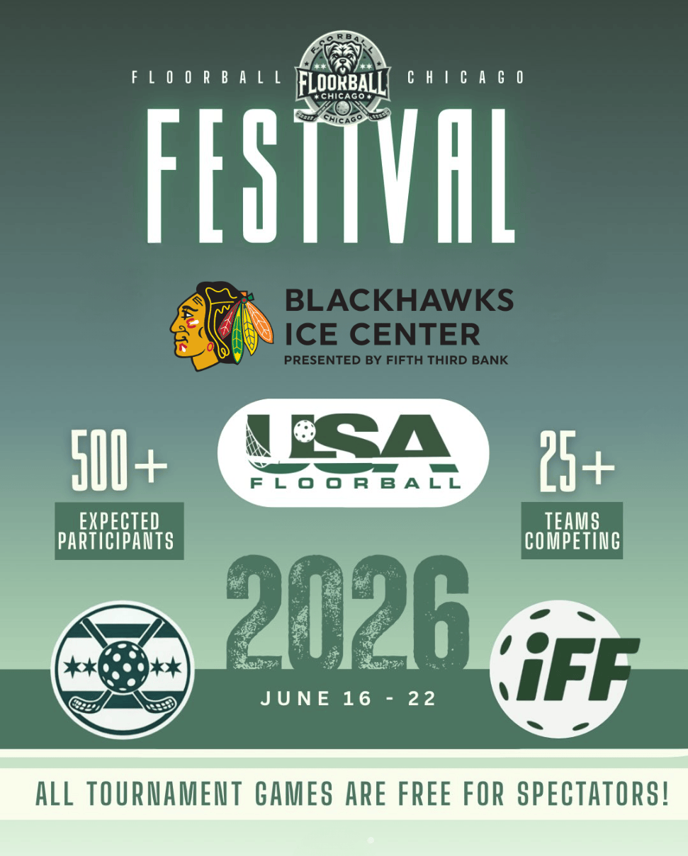 Floorball festival in Chicago, June 16-22, 2026. Over 500 participants, 25+ teams. Free for spectators.