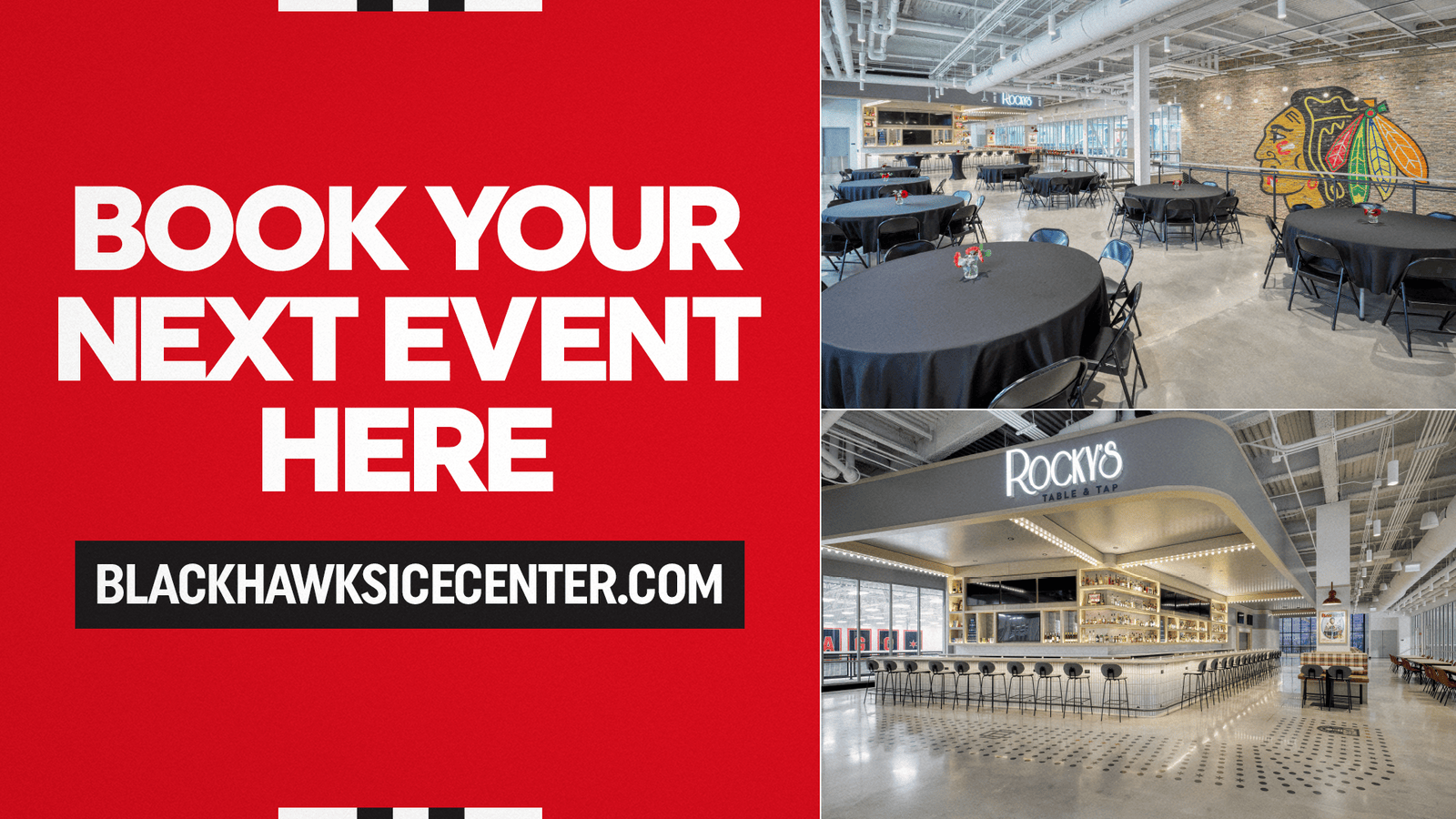 Event booking promo with venue images and website link.