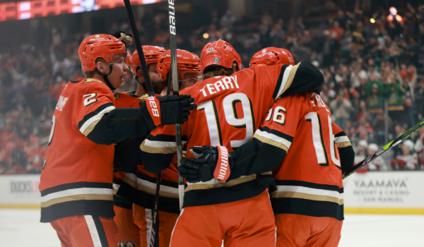 Terry, Strome, LaCombe, Gudas, celebrate a goal at Honda Center