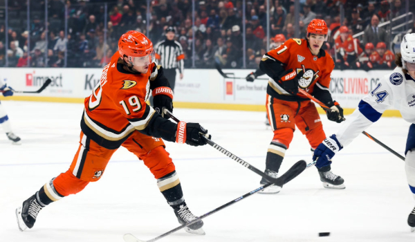 Troy Terry shoots the puck at Honda Center