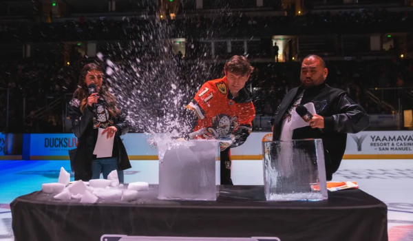 Aly Kay, DJ JoJo, and Trevor Zegras participating in an experiement at First Flight