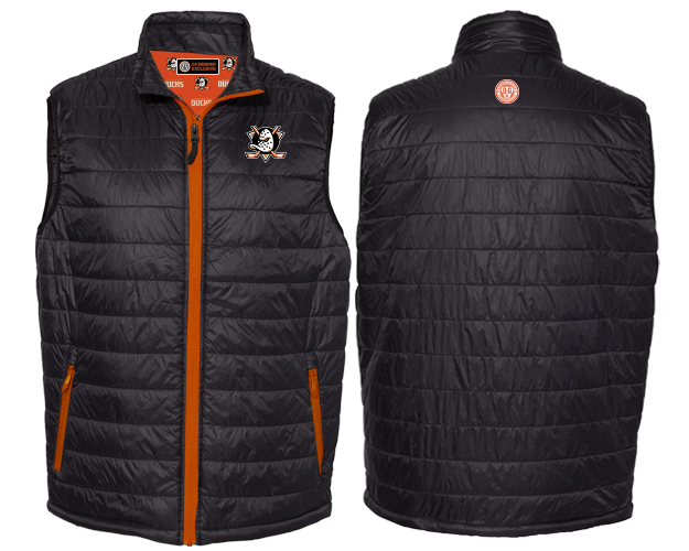 Photo of front and back of the 2025 Orange Alliance Season Ticket Member Gift: a custom OAM puffer vest. The vest is black with orange trim and includes both the Anaheim Ducks primary mark and the Orange Alliance logo.