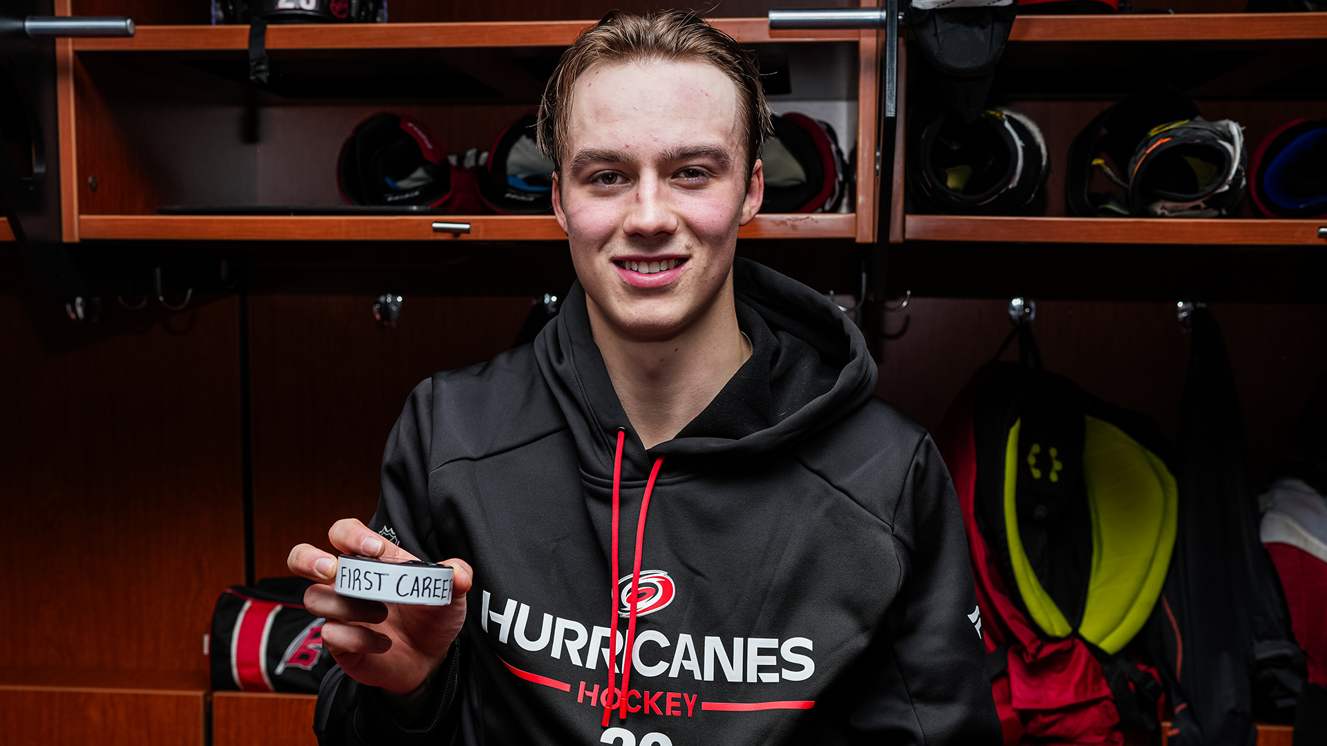 Bradly Nadeau holding the puck from his first NHL goal
