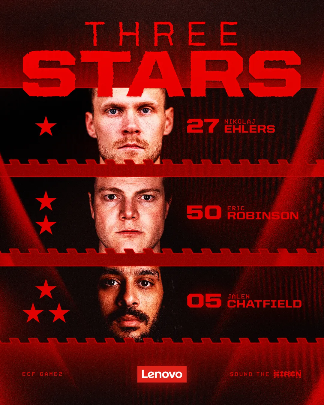 Three Stars graphic featuring Nikolaj Ehlers, Eric Robinson, Jalen Chatfield