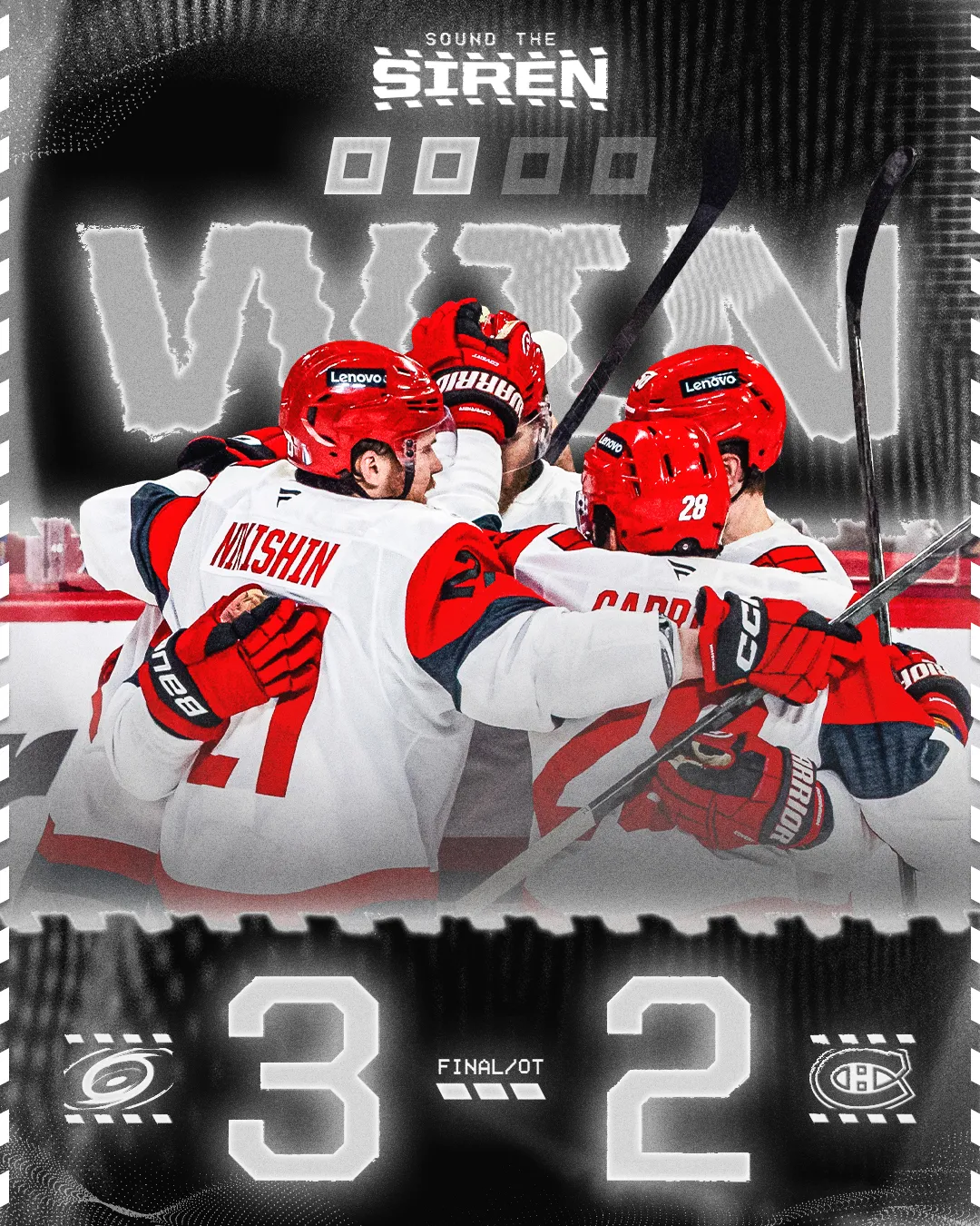 The Canes beat the Canadiens 3-2 in overtime in Game 3