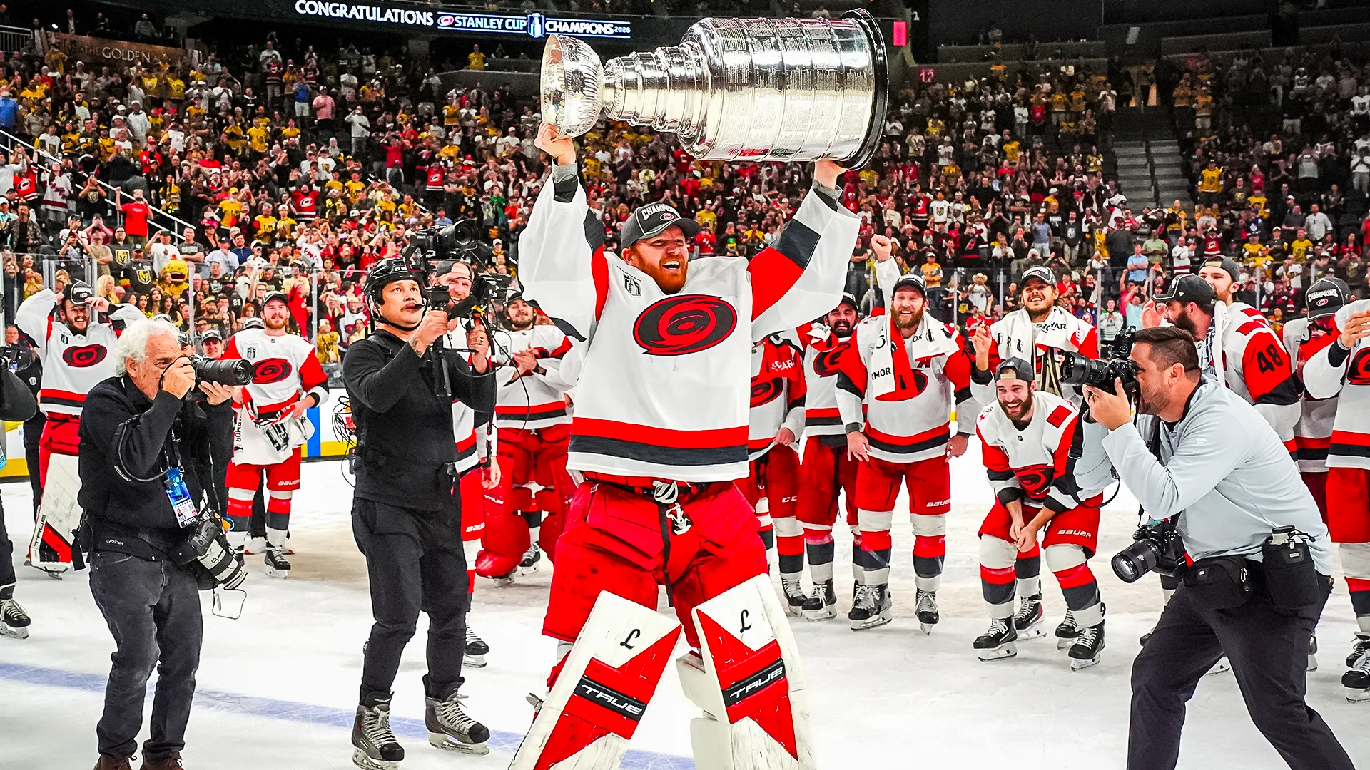 Frederik Andersen hoisting the Cup