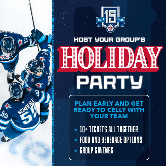 jets 15th anniversary logo. host your group's holiday party. plan early and get ready to celly with your team. 10+ tickets all together, food and beverage options, group savings.
