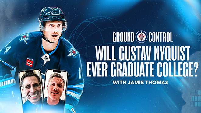 ground control. will gustav nyquist ever graduate college? with jamie thomas. image of thomas and nyquist on opposing mobile phone screens