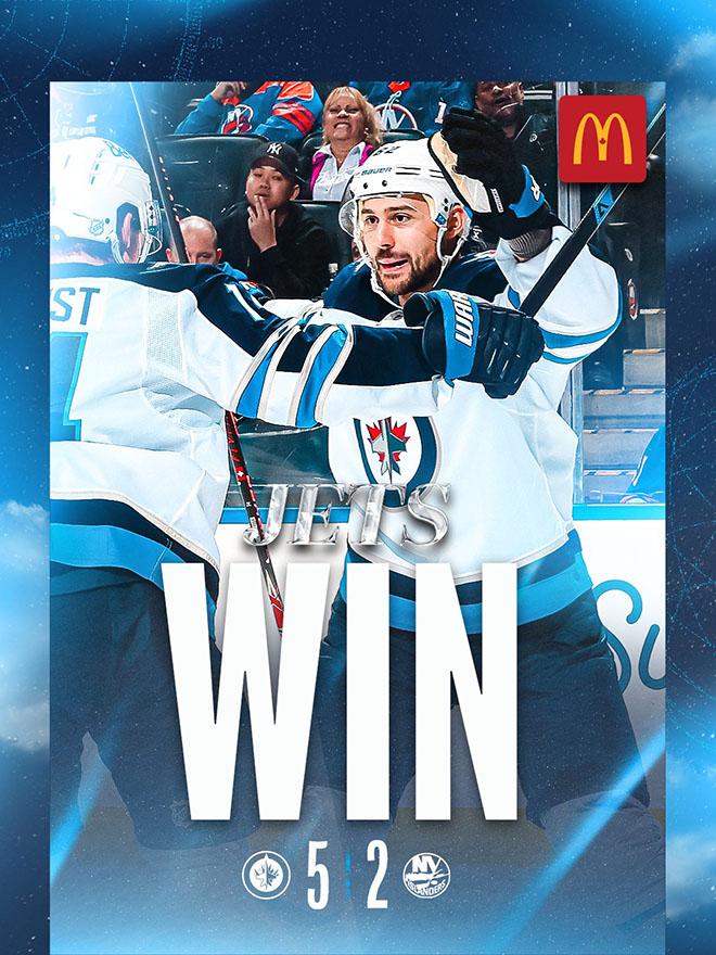 Jets Win. Jets 5, Islanders 2. Image of Niederreiter