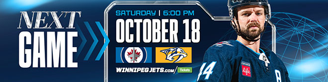 Next Game Saturday, October 18 at 6 p.m. Jets vs Predators. Image of Josh Morrissey