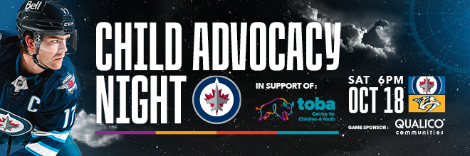 child advocacy night in support of toba centre for children & youth. sat 6 pm oct 18. jets and predators logos. game sponsor qualico communities.
