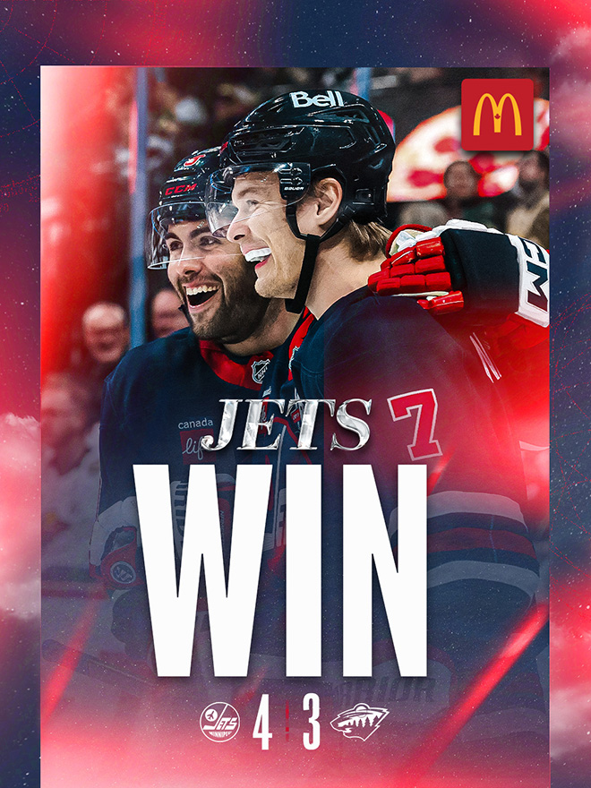 Jets Win. Jets 4, Wild 3. Image of Iafallo and Namestnikov