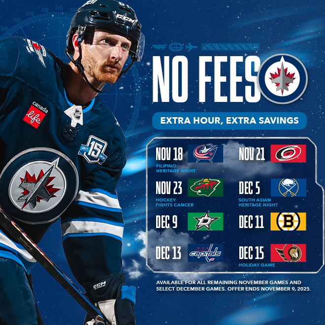 No Fees. Extra Hour, Extra Savings. Nov. 18 vs Columbus - Filipino Heritage Night, Nov. 21 vs Hurricanes, Nov. 23 vs Wild, Dec. 5 vs Sabres - South Asian Heritage Night, Dec. 9 vs Stars, Dec. 11 vs Bruins, Dec. 13 vs Capitals, Dec. 15 vs Senators - Holiday game. Available for all remaining November games and select December games. Offer ends Nov. 9, 2025. Image of Kyle Connor