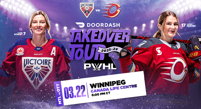 montreal victoire vs ottawa charge logos. doordash takeover tour 202526 pwhl. mtl vs ott 03.22 winnipeg canada life centre 6 pm ct. images of laura stacey and gabbie hughes.
