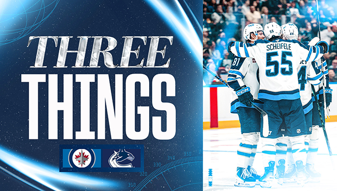 three things. jets and canucks logos. image of scheifele celebrating in a group hug on the ice.