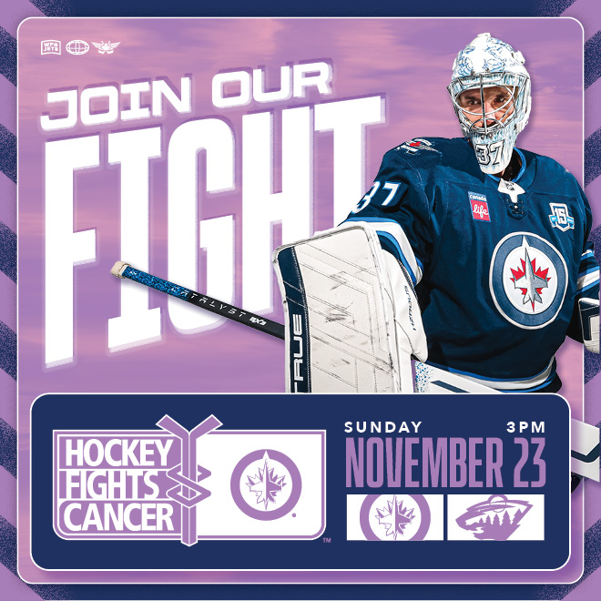 join our fight. hockey fights cancer logo. sunday 3 pm november 23. jets and wild logos.