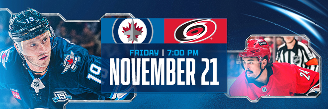 Friday, November 21 at 7 p.m. vs Carolina Hurricanes. Image of Jonathan Toews and Seth Jarvis