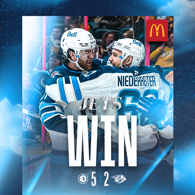 lowry and niederreiter celebrating after a goal. jets win 5-2. jets and predators and mcdonalds logos.