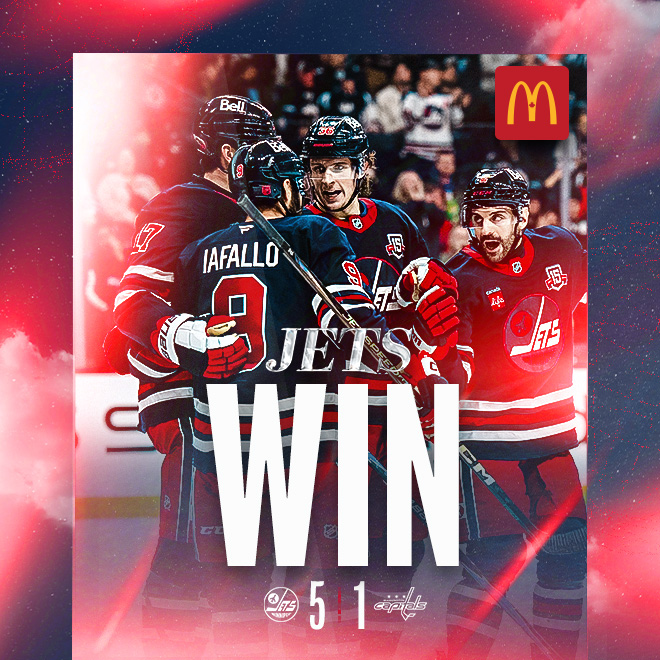 jets win. 5 jets, 1 capitals. image of iafallo, barron, lowry and demelo celebrating.