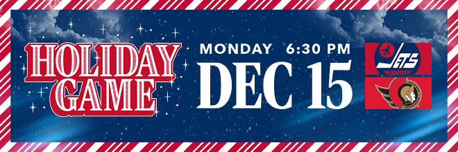 holiday game. monday 6:30 pm dec 15. heritage jets logo and senators logo. candy cane stripe border.