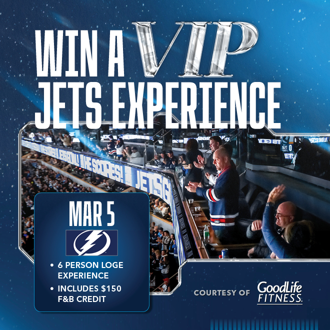 Win a VIP Jets Experience, Mar 5: 6 Person Loge Experience, includes $150 food and beverage credit. Courtesy of GoodLife Fitness