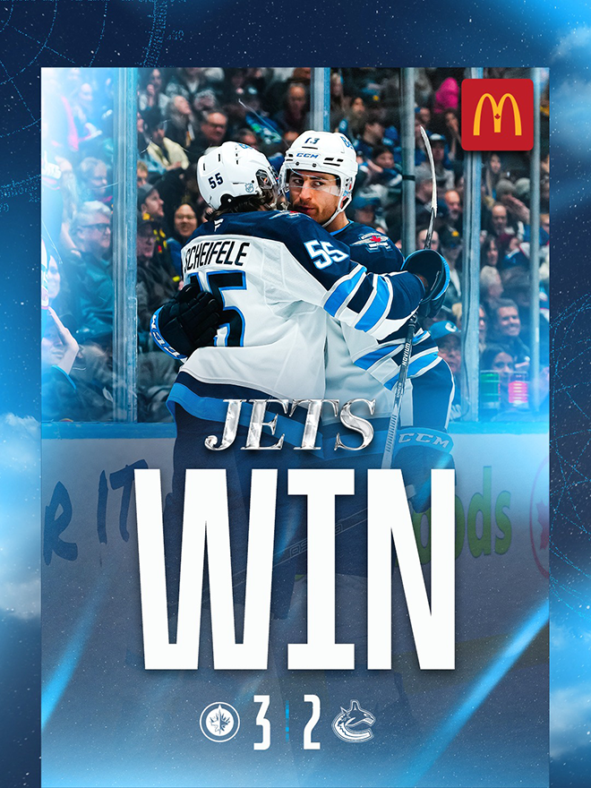 Jets win, Winnipeg Jets 3, Vancouver Canucks 2.