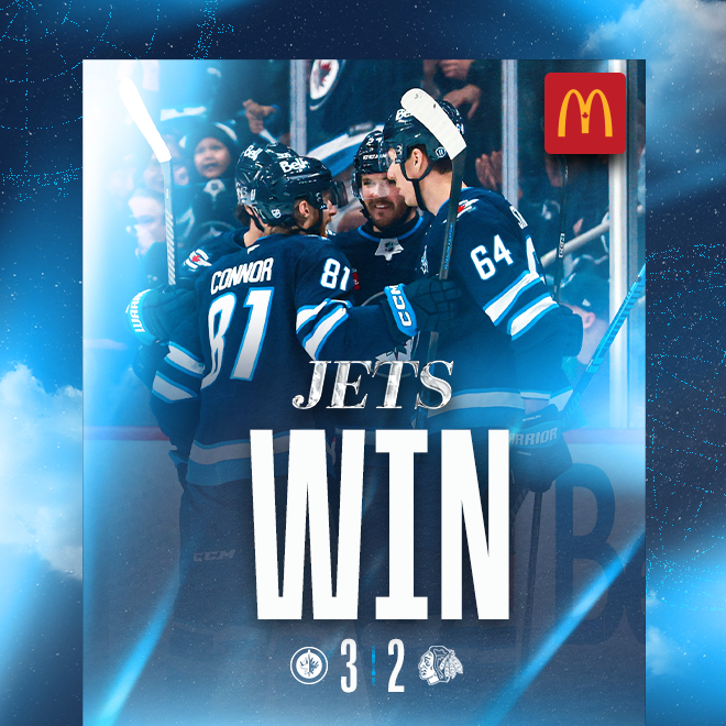 Jets win. Winnipeg Jets 3, Chicago Blcakhawks 2