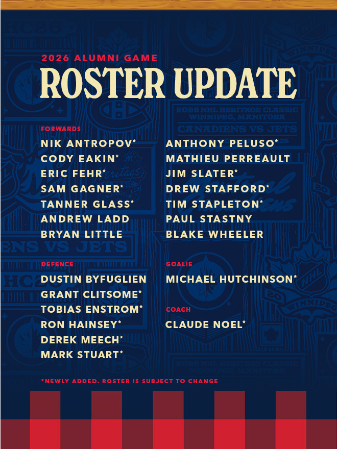 Forwards: Nik Antropov*  Cody Eakin*  Eric Fehr*  Sam Gagner*  Tanner Glass*  Andrew Ladd  Bryan Little  Anthony Peluso*  Mathieu Perreault  Jim Slater*  Drew Stafford*  Tim Stapleton*  Paul Stastny  Blake Wheeler Defence: Dustin Byfuglien  Grant Clitsome*  Tobias Enstrom*  Ron Hainsey*  Derek Meech*  Mark Stuart*    Goalie: Michael Hutchinson*    Coach: Claude Noel* *Newly added. Roster is subject to change.