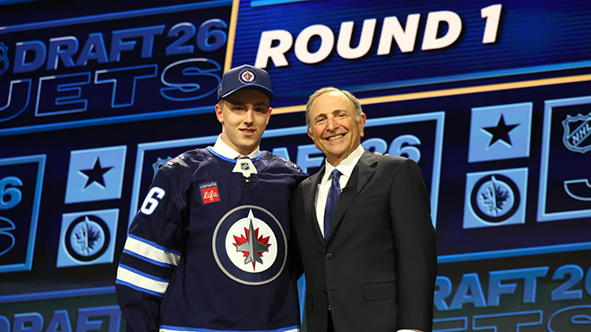 Viggo Bjorck and Gary Bettman at the 2026 NHL Draft