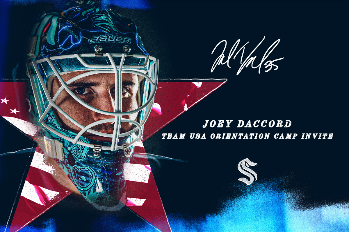 Joey Daccord graphic with a red start and Kraken Logo that says team USA orientation camp invite