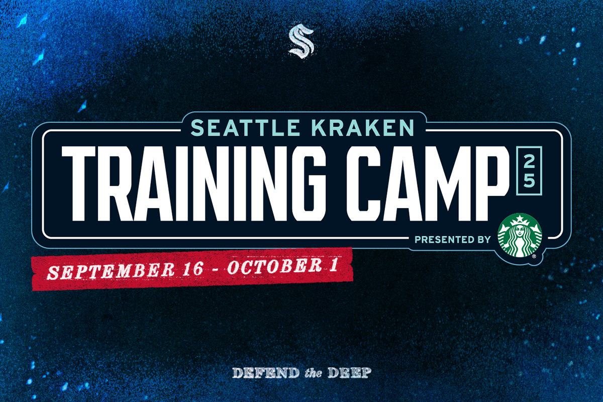 Logo lock up of Seattle Kraken training camp presented by Starbucks