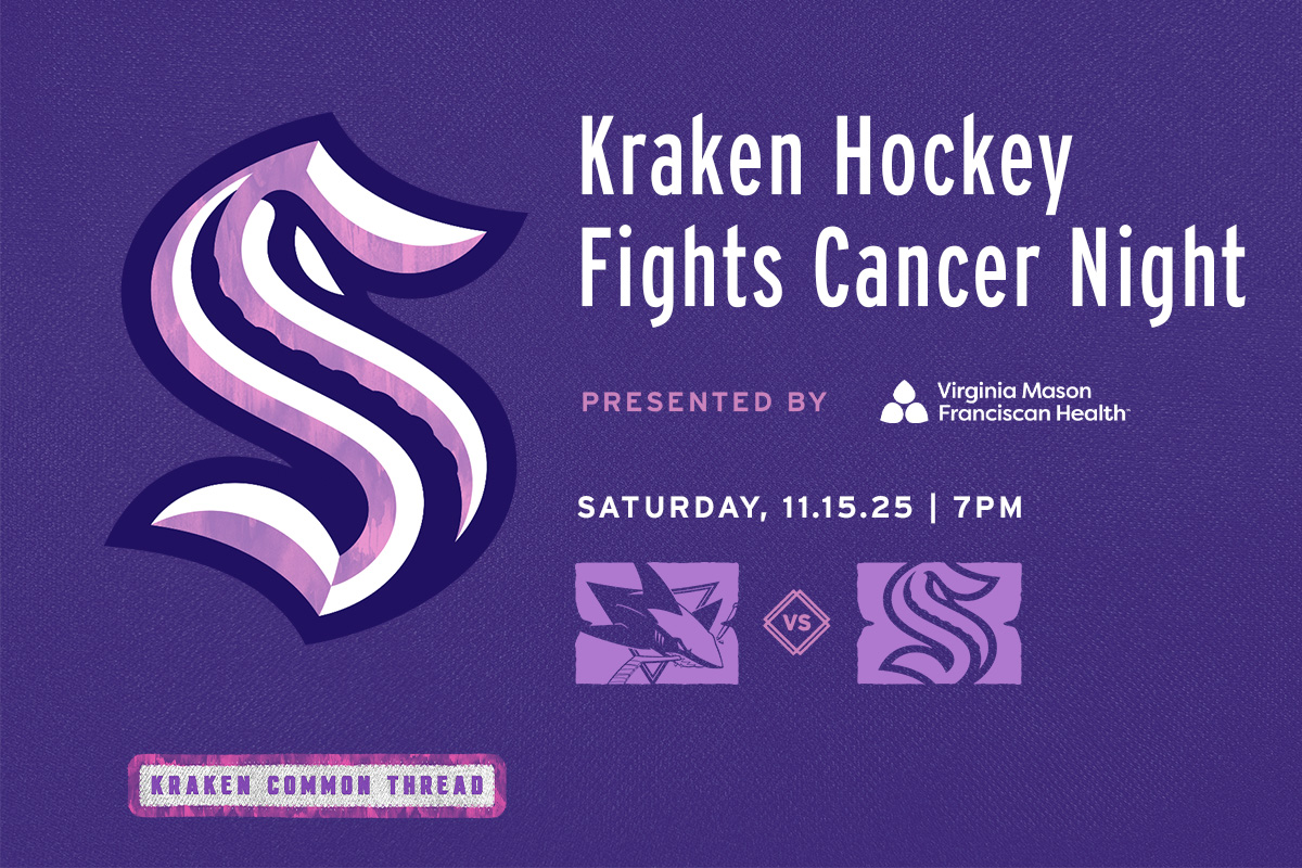 Kraken Hockey Fights Cancer Graphic with purple S including matchup Kraken facing the Sharks