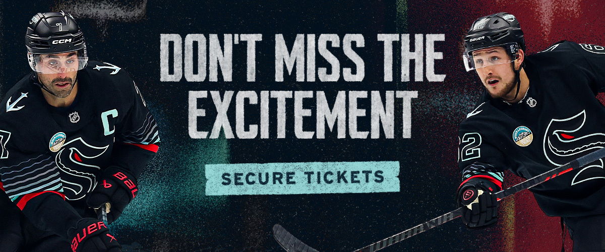 Don't miss the excitement secure tickets and a action photo of JOrdan Eberle and Brandon Montour