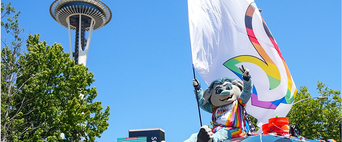 Buoy at the Pride Parade in front of the Space Needle