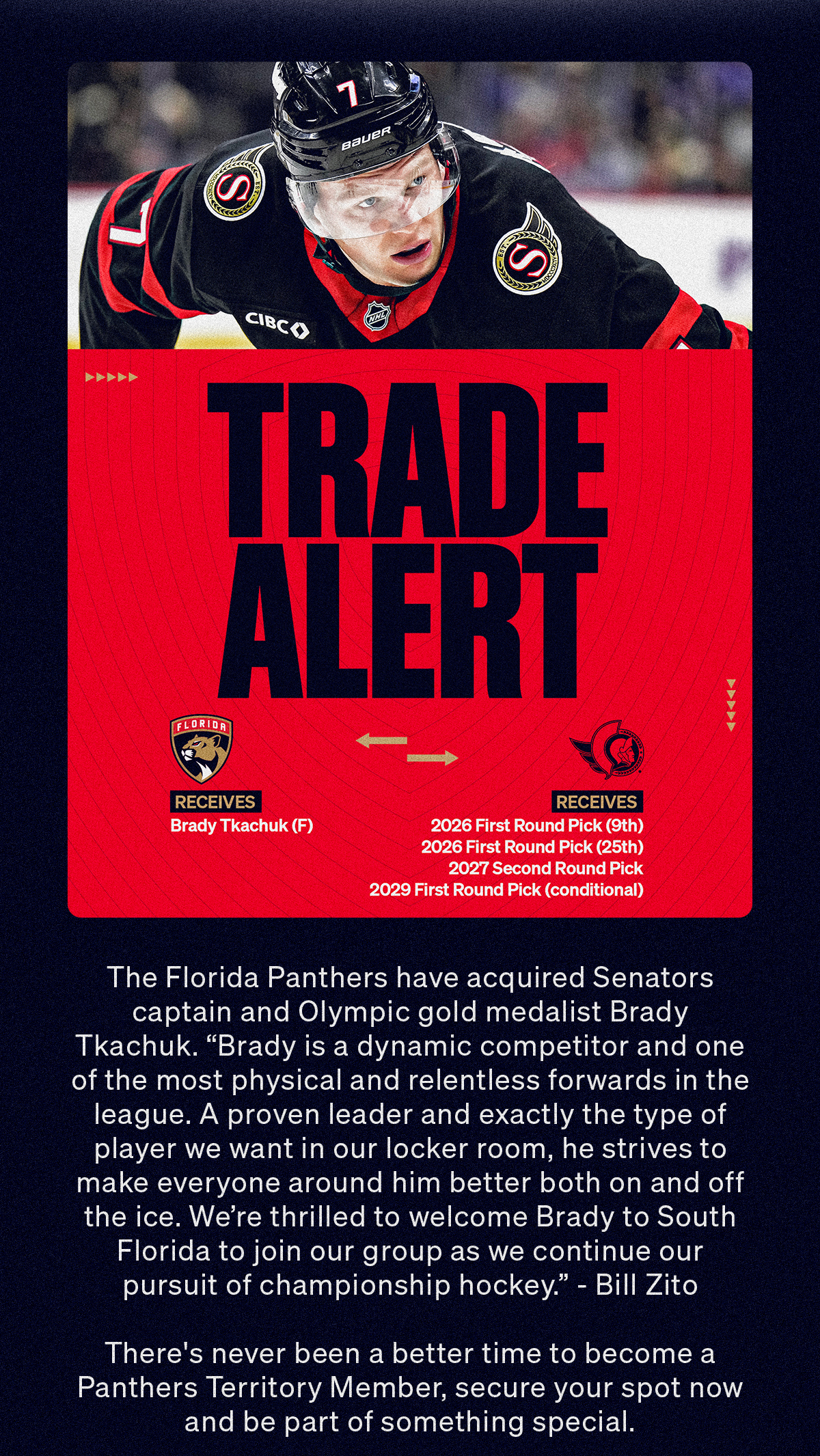 Florida Panthers Acquire Forward Brady Tkachuk | Learn More