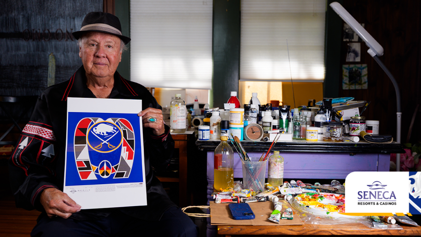 Peter Jemison with the Sabres Native American Heritage Night Logo